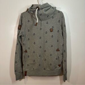 Naketano Grey Cowl Neck Hoodie - Size Large - Nautical Anchor Print Sweater - L